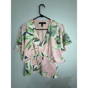 White House Black Market Pink Floral Smocked Waist V-Neck Flutter Sleeve Blouse